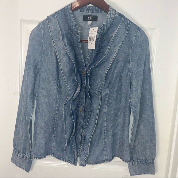Kut from the Kloth Denim Ruffle Button Down Shirt - Picture 3 of 11